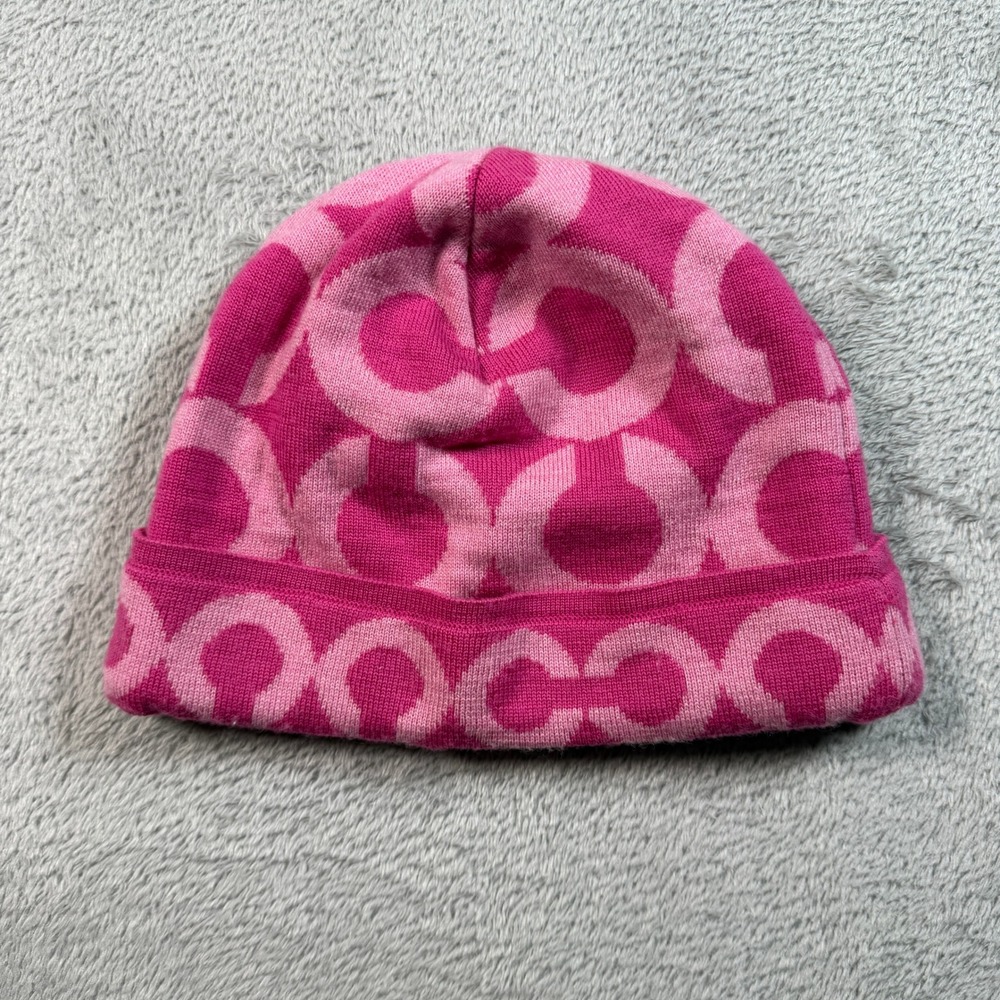 Coach Merino Wool Beanie Women One Size Pink Monogram Signature C Knit